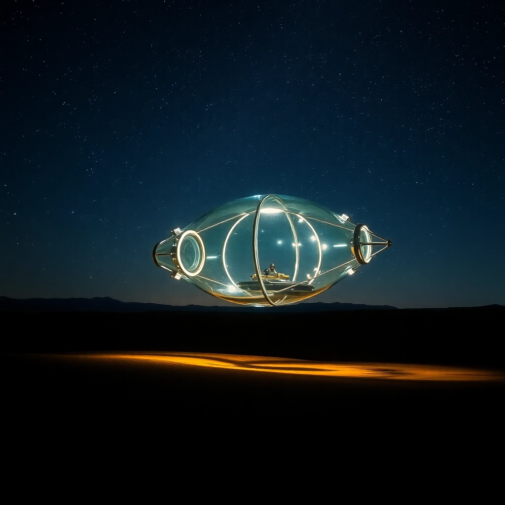 glass spacecraft hovering in the desert night sky