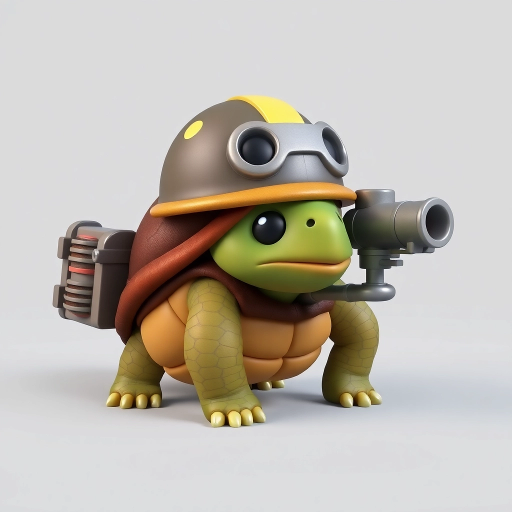 3d render of a turtle wearing a cute helmet with a cannon on its back