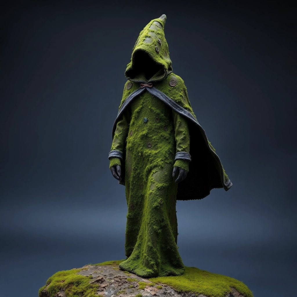 Full-body dress, hood, and cape made out of moss growing, witch