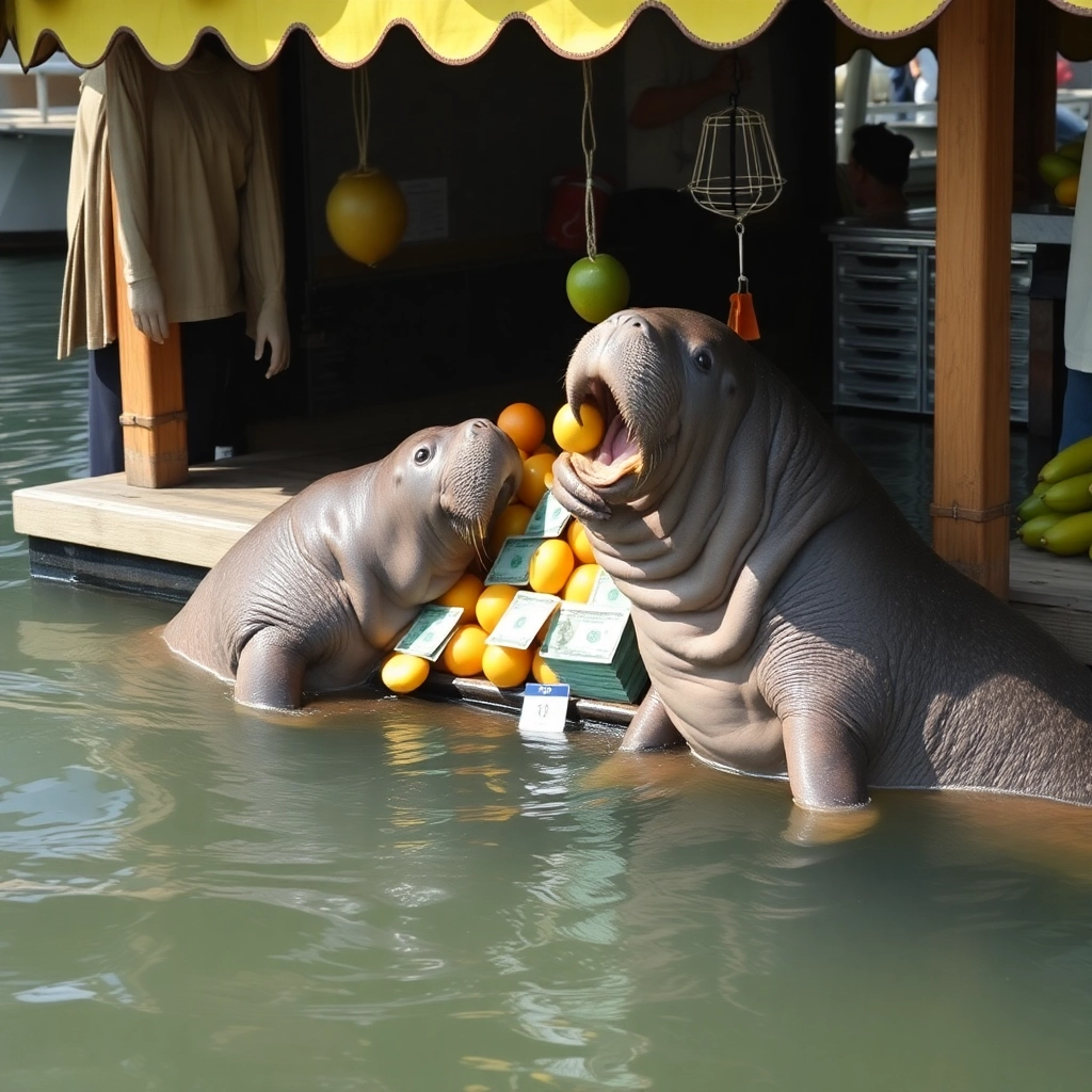 manatees shaking down a fruit stand for protection money