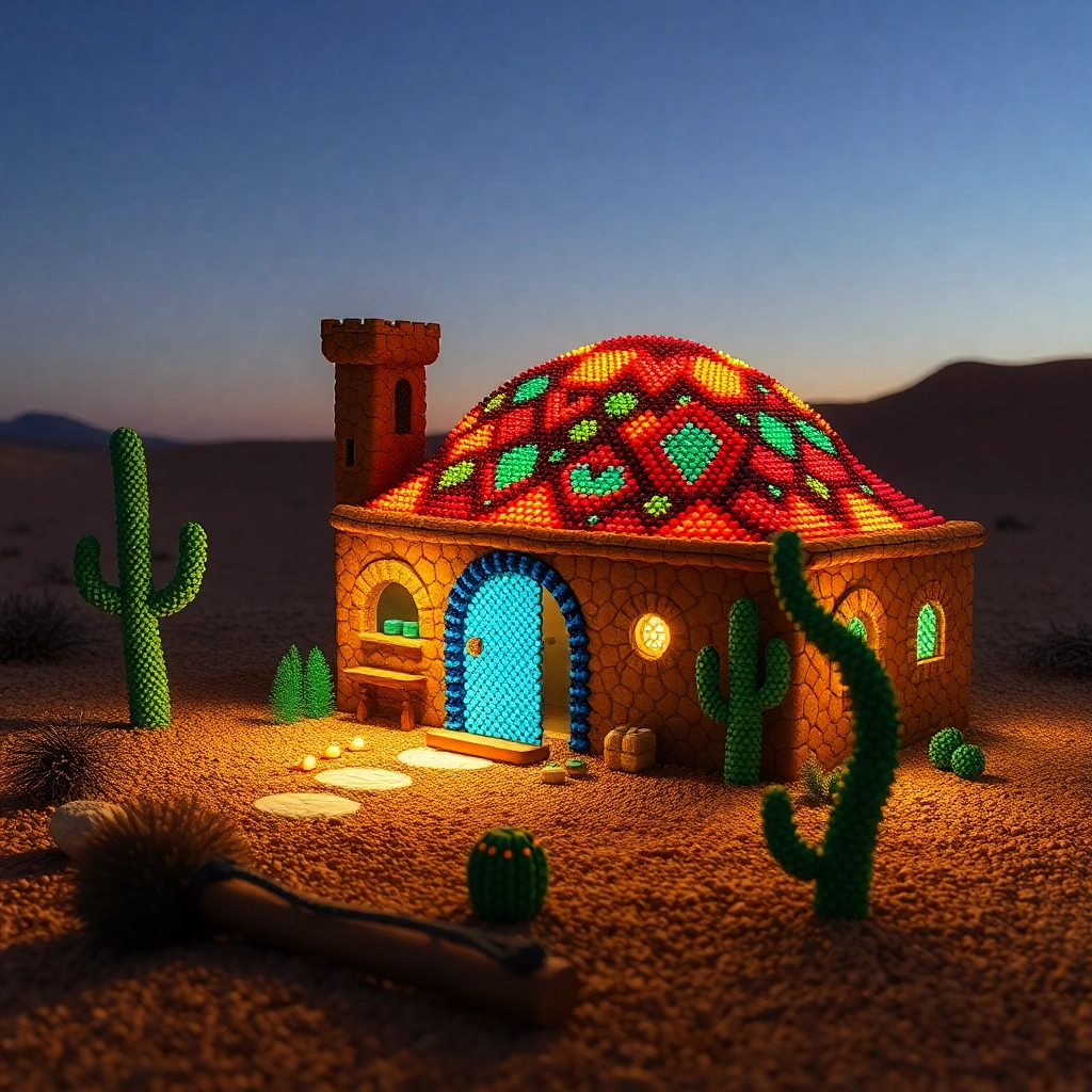 Earthhouse in the desert, made out of perler beads fused