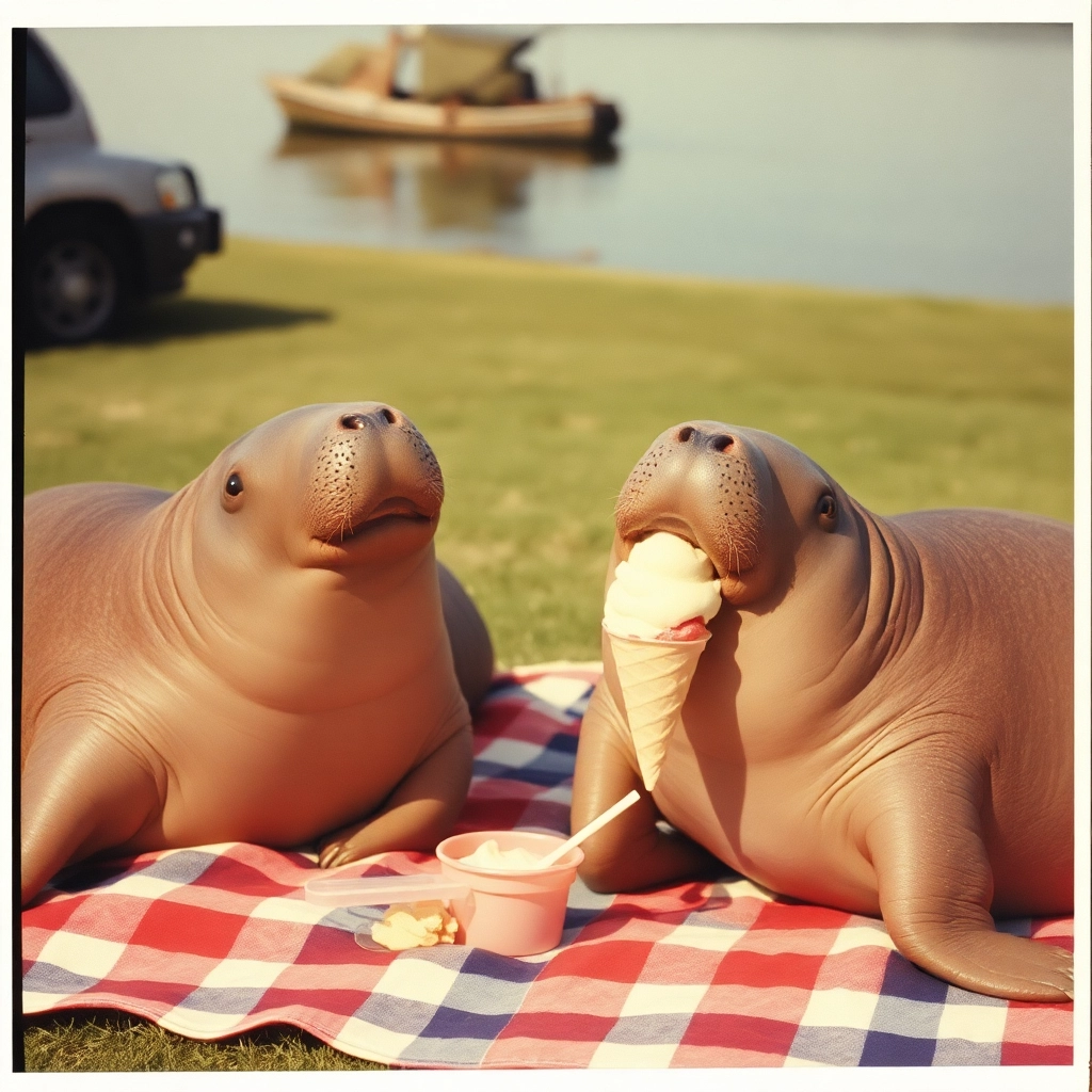 manatees eating froyo on a picnic blanket, vintage polaroid, 1979