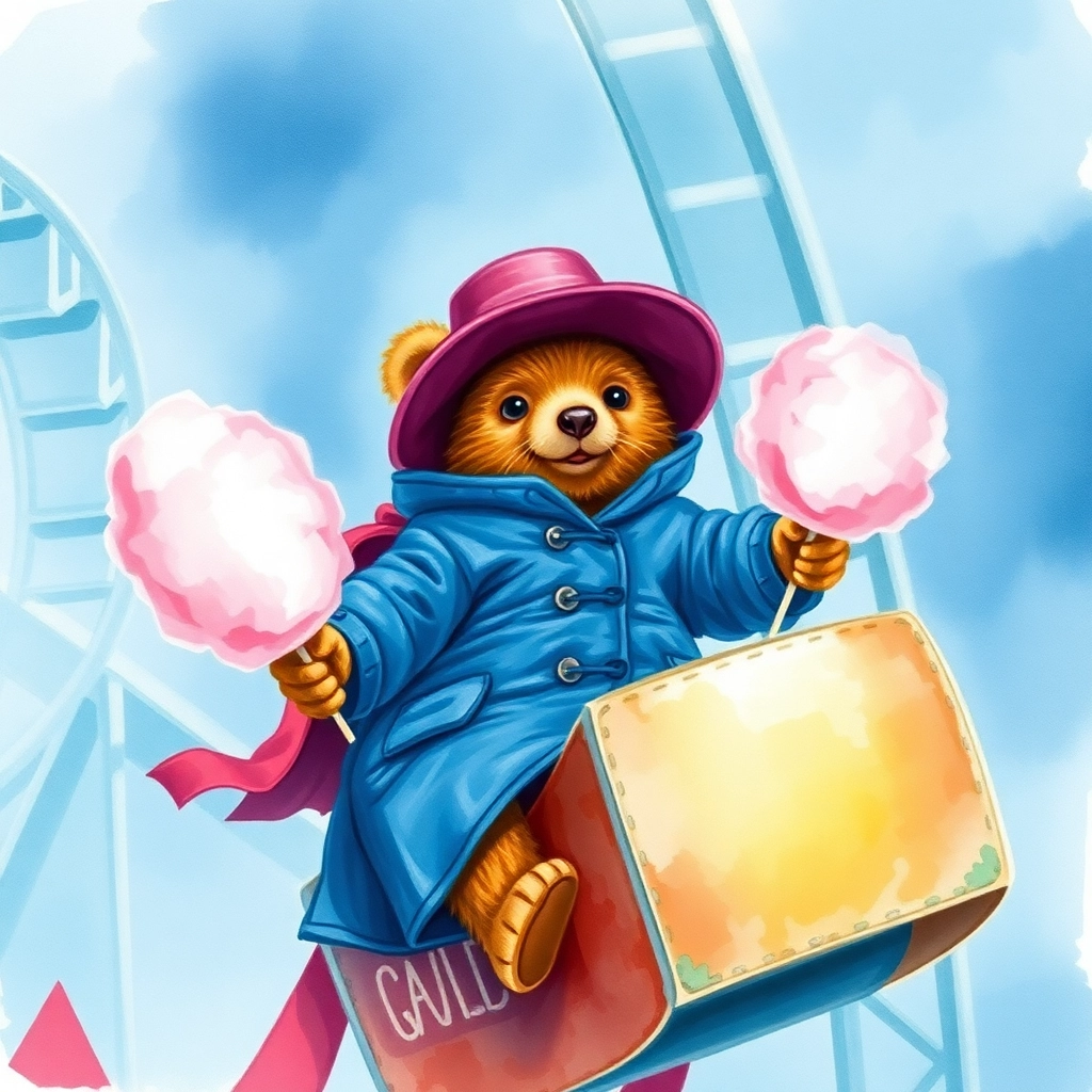 Paddington riding the Cyclone at Coney Island holding cotton candy, watercolor