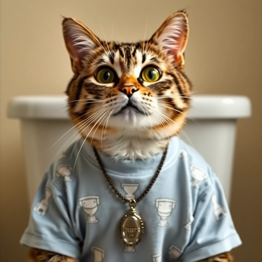Cat named toilet, wearing a fly shirt with toilets on it and a pendant necklace