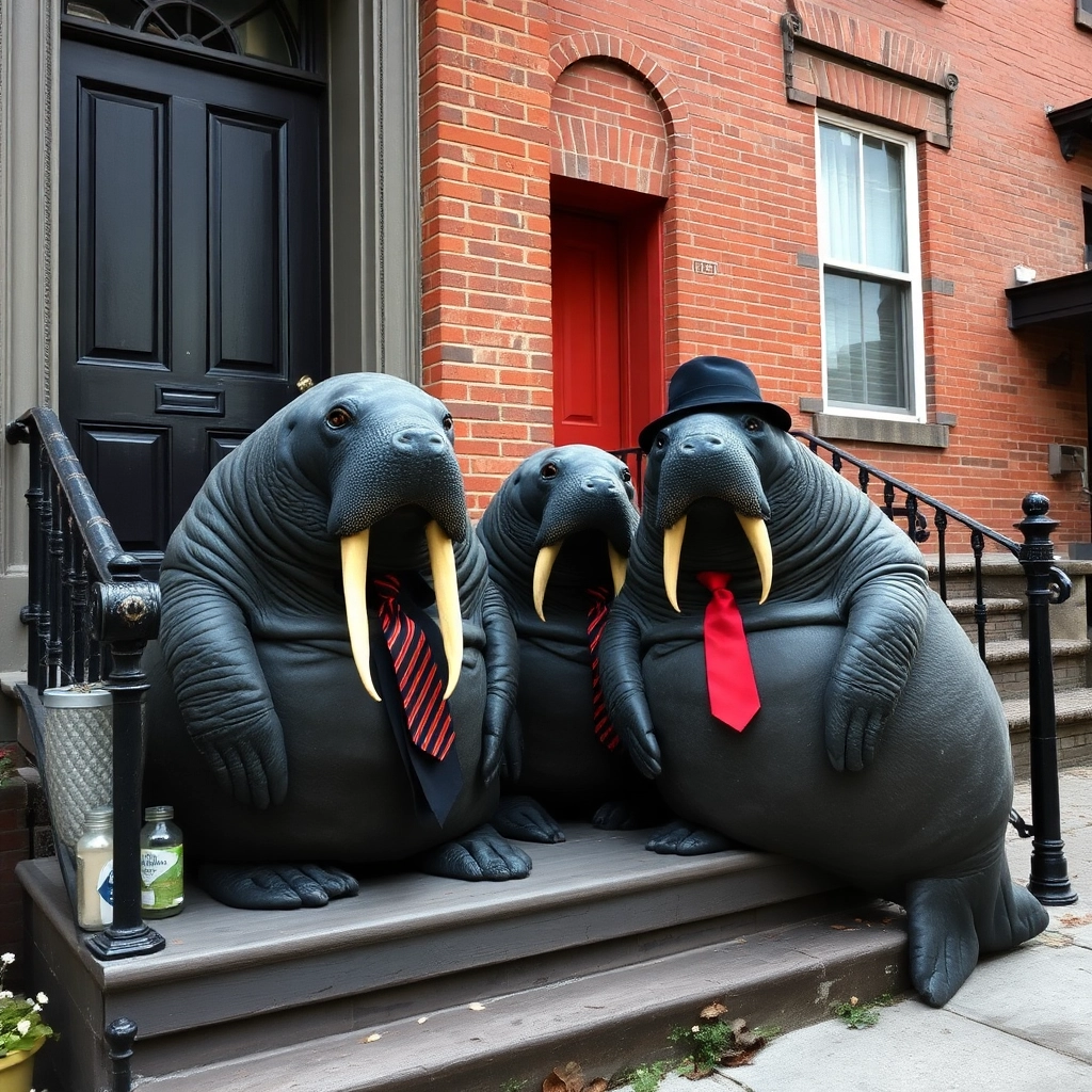 manatees dressed like mobsters on a stoop in south Brooklyn
