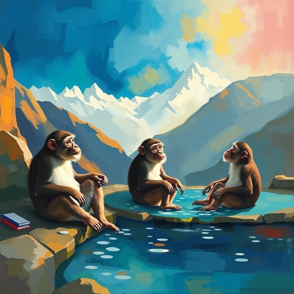 abstract painting of monkeys relaxing in mountainside hot springs