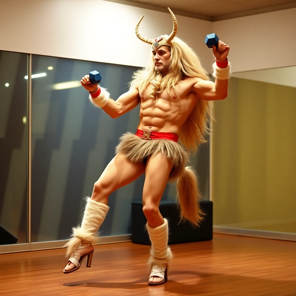 Centaur doing 80s aerobics, legwarmers & dumbbells