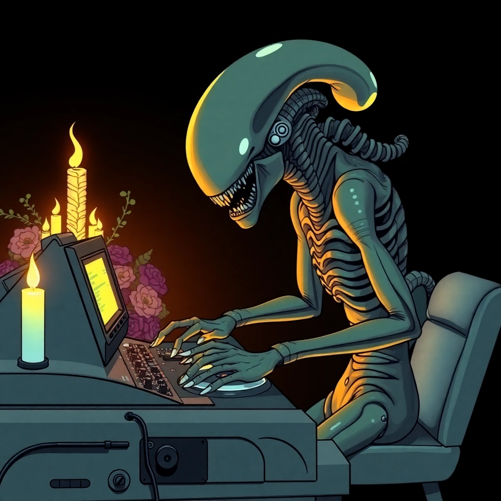 Xenomorph from Alien djing a funeral, Magic School Bus style