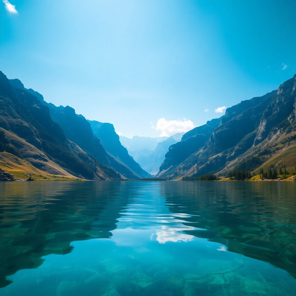 looking out from the glassy surface of the water into the distant valleys