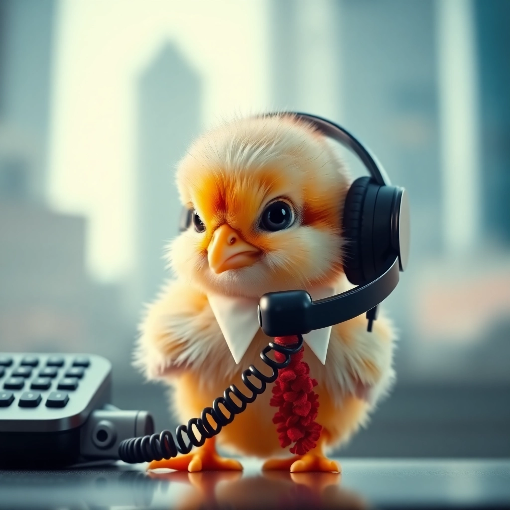 baby chick with a phone headset and making business deals like Leonardo DiCaprio in Wolf of Wall Street