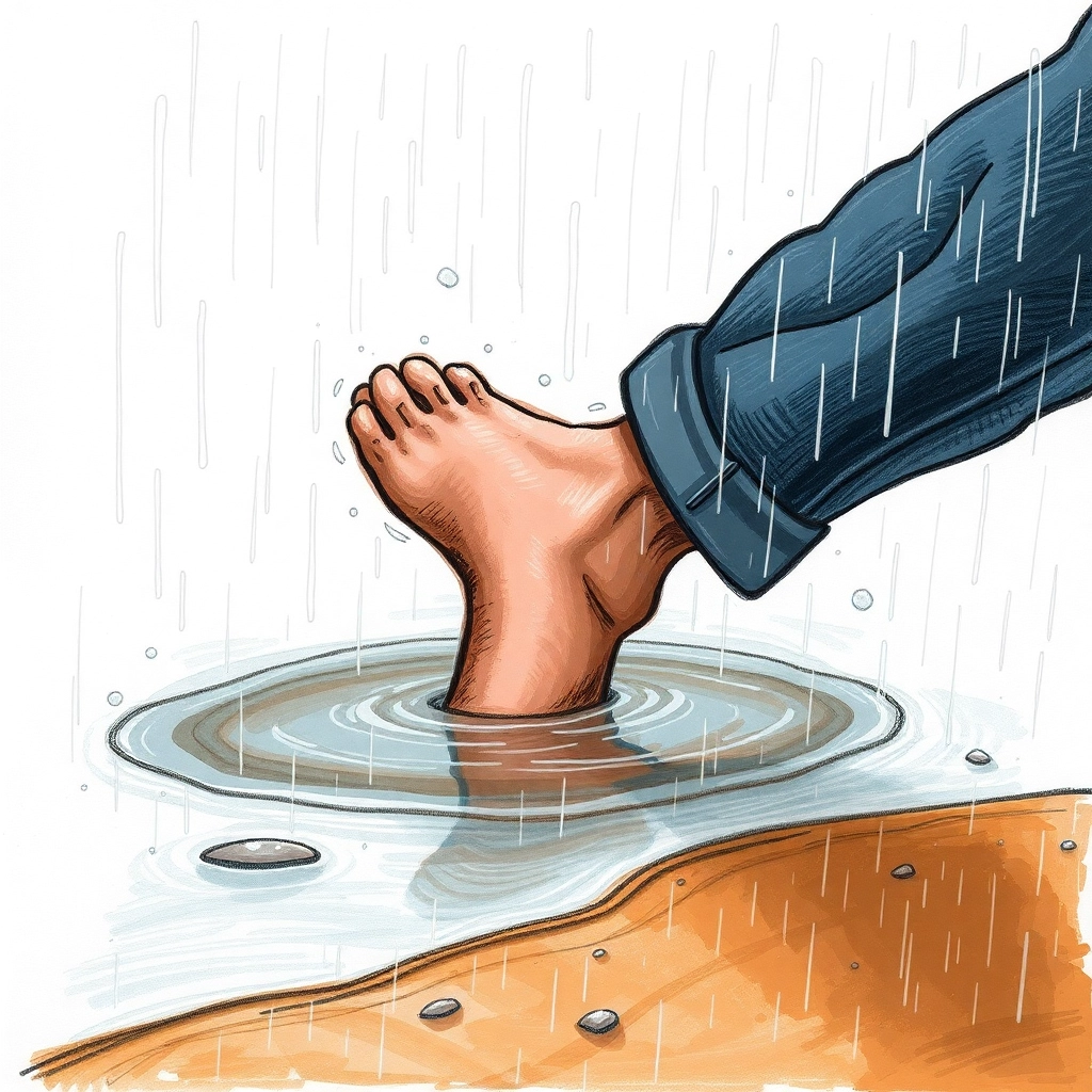 A leg disappearing into a rain puddle, drawing