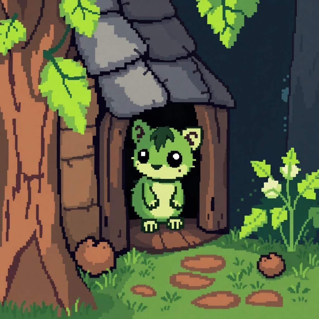 Cute sneaky little critter in a cottage, pixel art