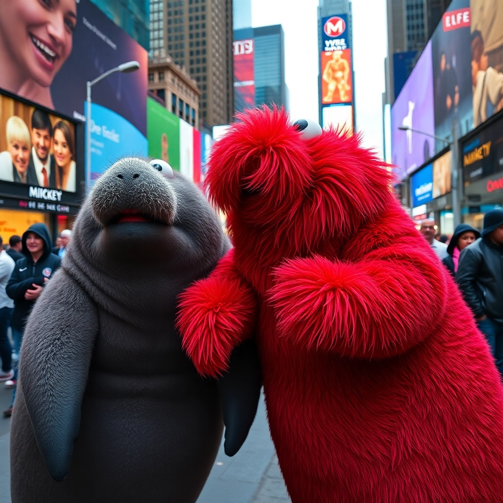 manatees dressed up as Elmo at Times Square in NYC, photorealistic
