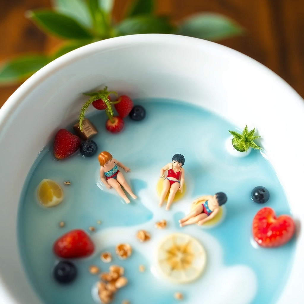 A realistic miniature pool resort inside a tub of yogurt, swimsuit-clad miniature figures float on pieces of fruit and granola