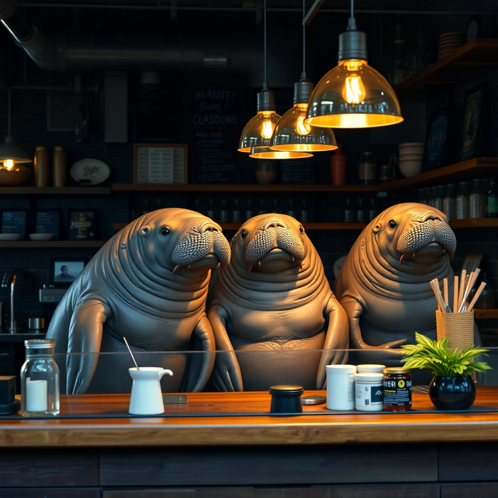 manatees working behind the counter at a hipster Brooklyn cafe, photorealistic