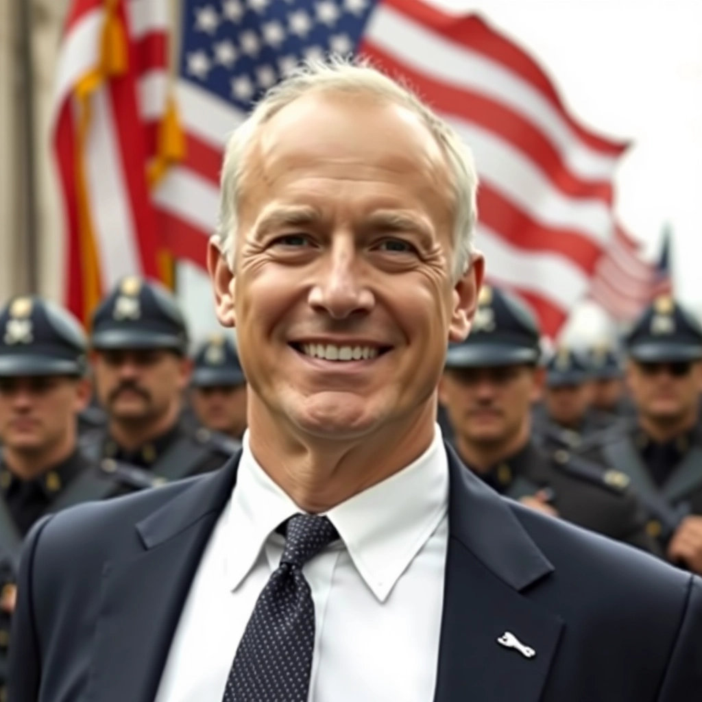 Bland white guy, suit and tie, smiling. Fascist troops in the background with American flag