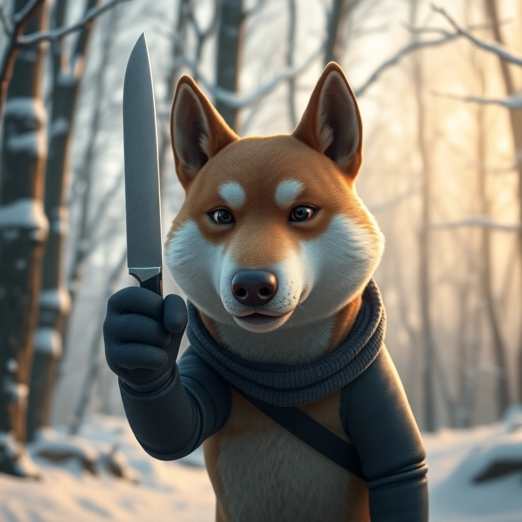 a korean jindo dog with the dispassionate expression of a serial killer in a wintery and snowy forest holding up a single knife , 3d animation