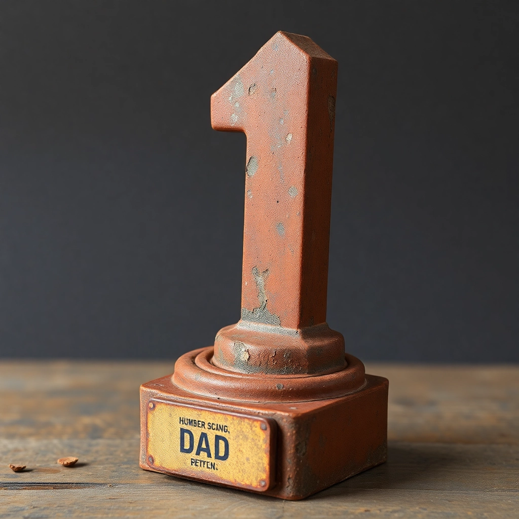 A number one dad trophy covered in rust