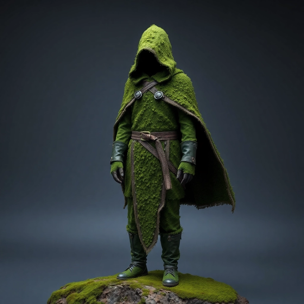 Full-body dress, hood, and cape made out of moss growing, warlock