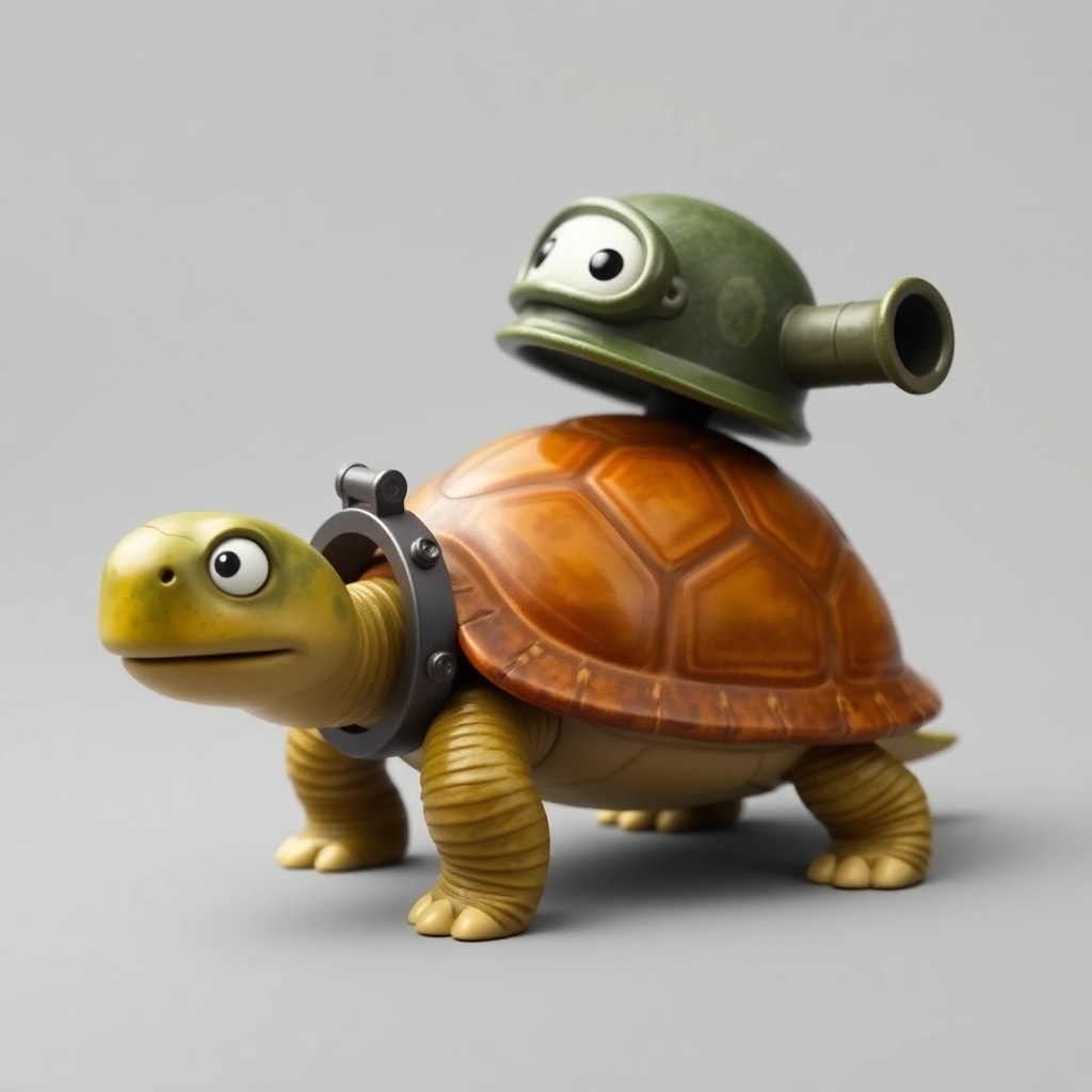A turtle wearing a cute helmet with a cannon on its back in Wallace and Gromit style