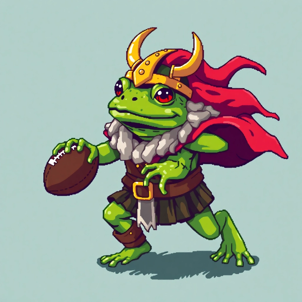 Frog dressed as a viking, playing American football, 8bit pixel art avatar