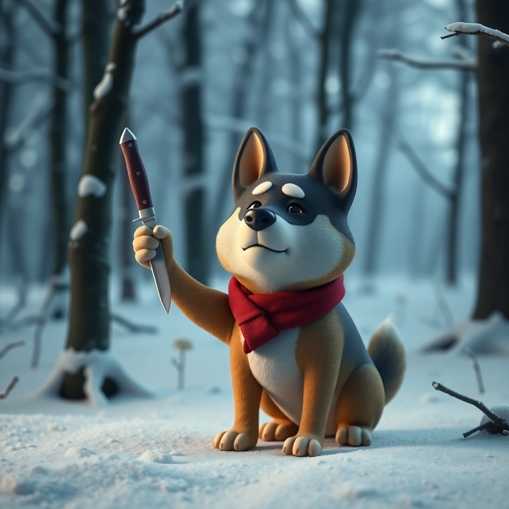 a korean jindo dog with tiny paws and the betrayed expression of a scorned lover in a wintery and snowy forest holding up a single knife , 3d claymation