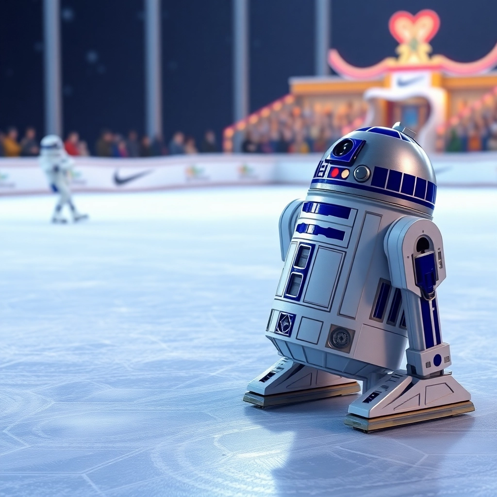 R2D2 winning an ice skating competition, Pixar style