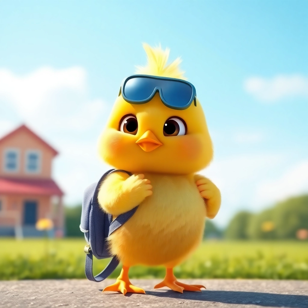 baby chick with a backpack on their first day of preschool, Pixar style