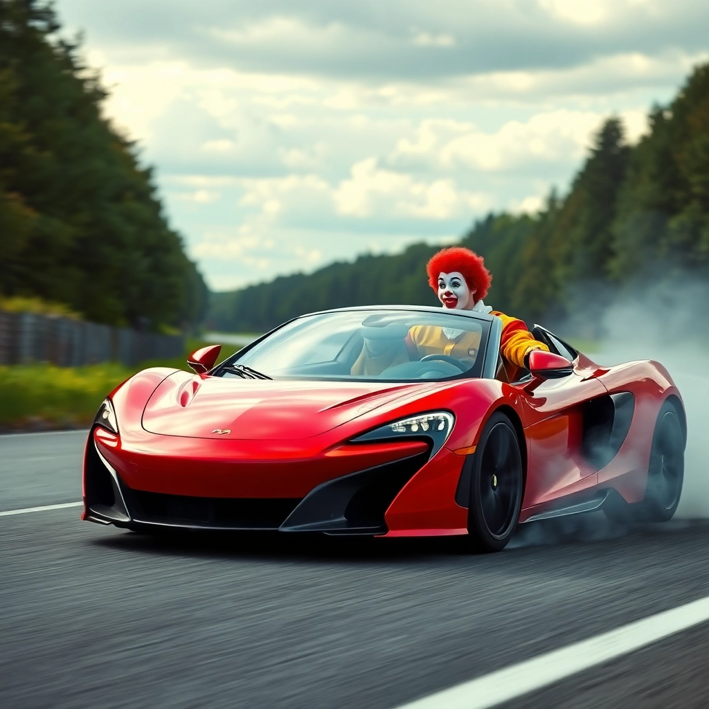 Ronald McDonald driving a red and yellow painted McLaren