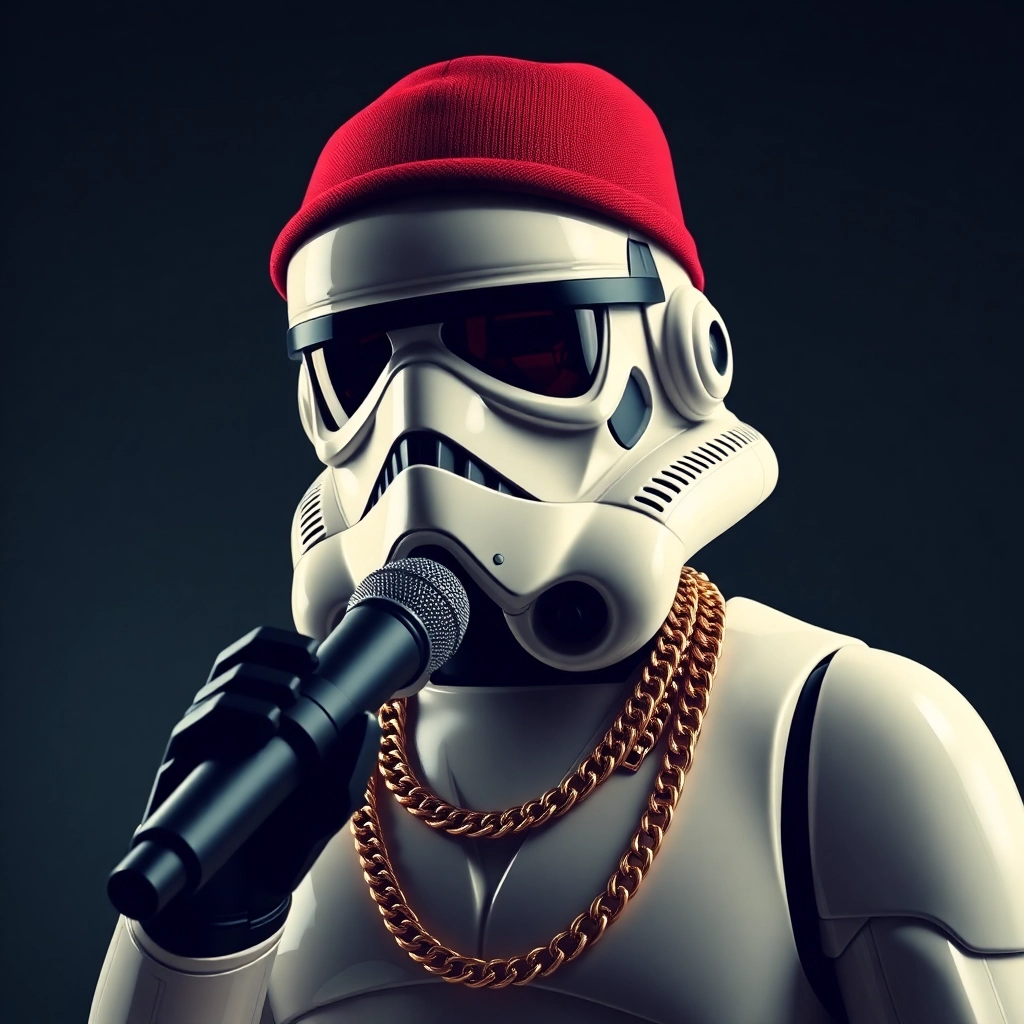 hip hop stormtrooper with a gold necklace and a microphone