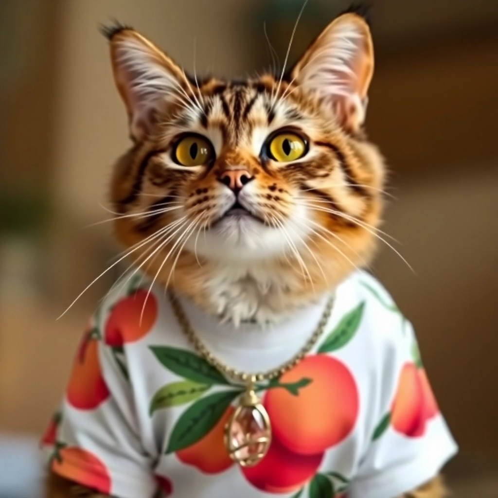 Cat named peaches, wearing a fly shirt with peaches on it and a pendant necklace