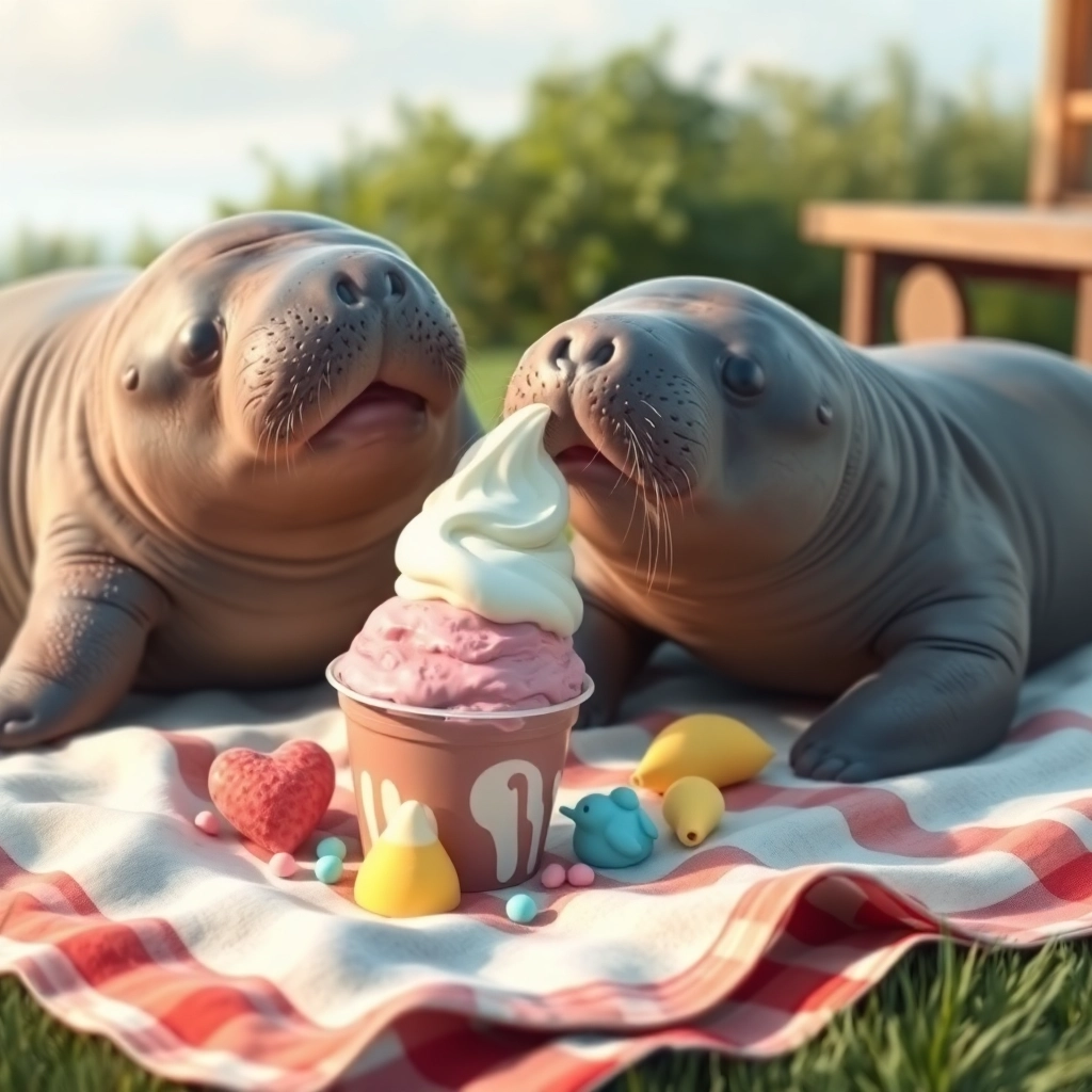 manatees eating froyo on a picnic blanket, photorealistic