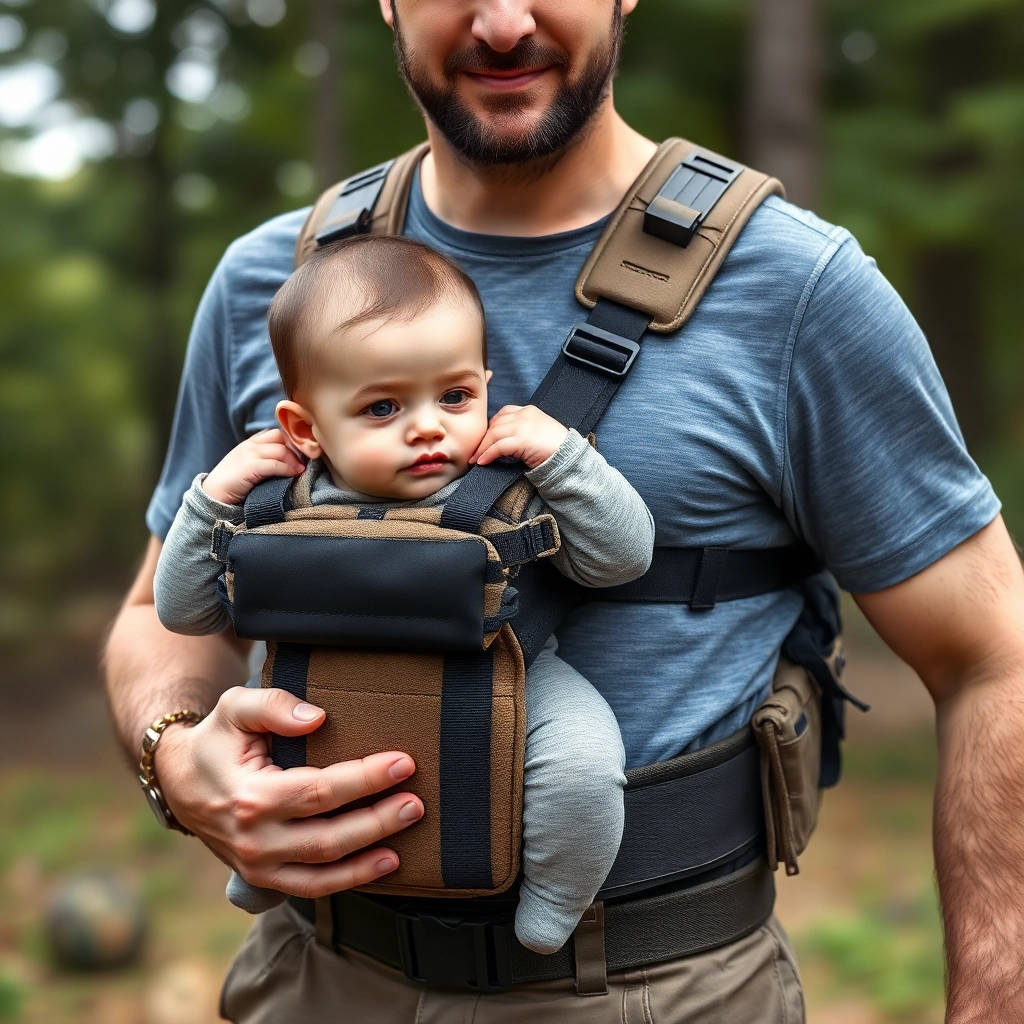 Dad carrying infant in chest harness, but the chest harness is a bullet proof vest