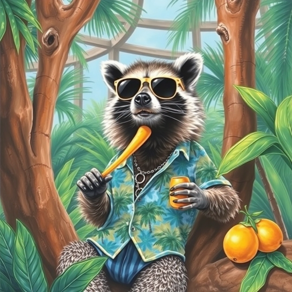 Raccoon vacationing in the tropical pavilion of the Brooklyn botanic garden, wearing a Hawaiian shirt, sunglasses and a pendant necklace, relaxing in a tree, eating tropical fruit, drawn with oil pastels