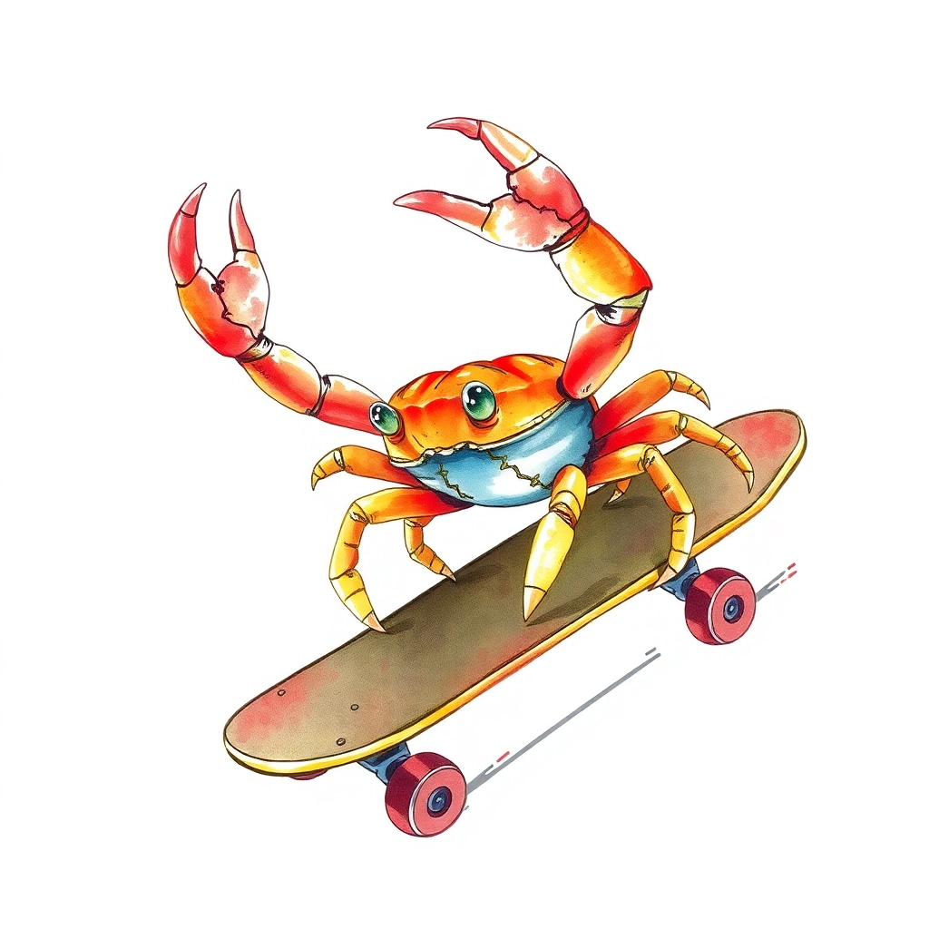 crab riding a skateboard watercolor style