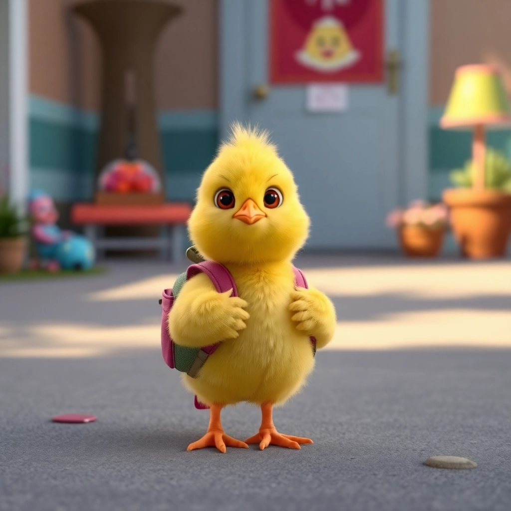 baby chick with a backpack on at the end of their first day of preschool, and it had a great day, Pixar style