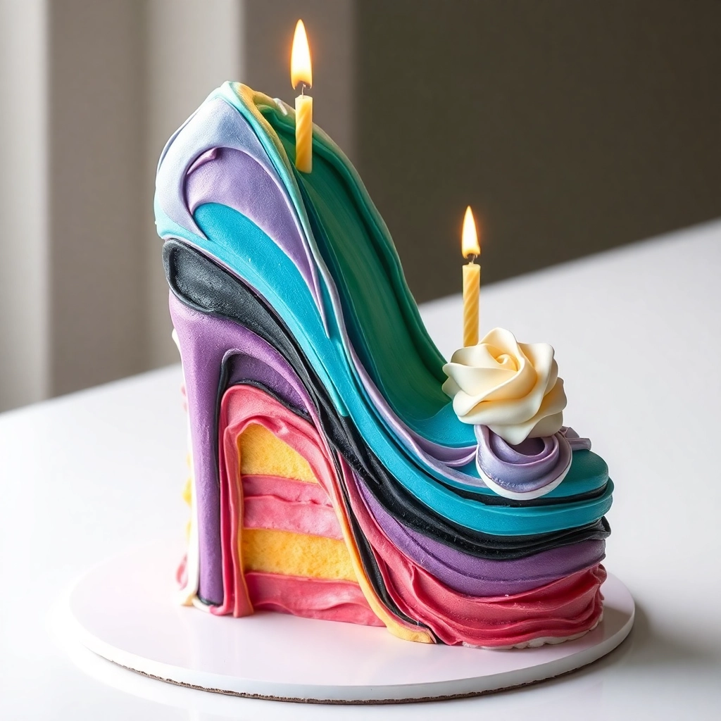an abstract layered birthday cake that looks like a high heel shoe
