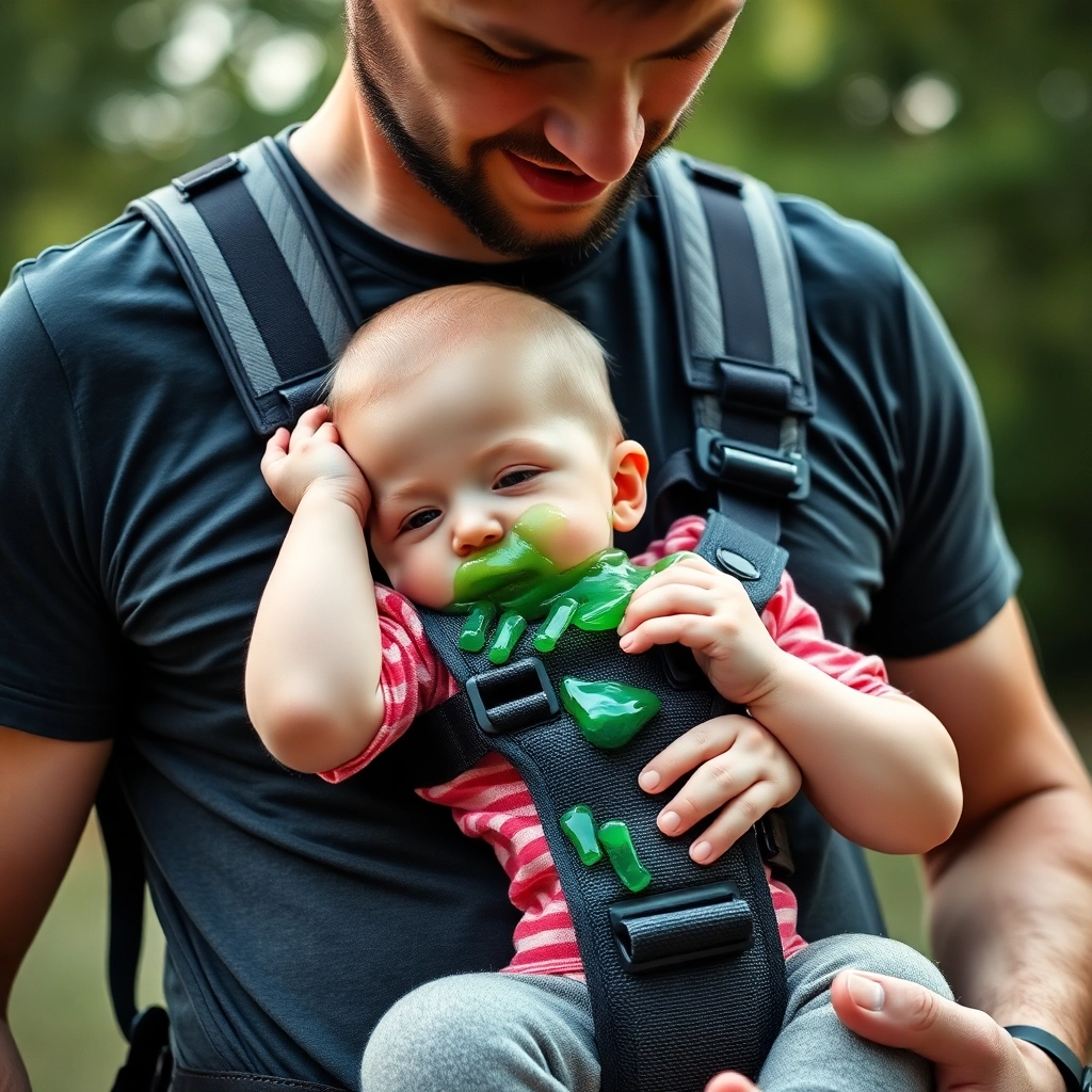 dad carrying infant spitting green acid in chest harness
