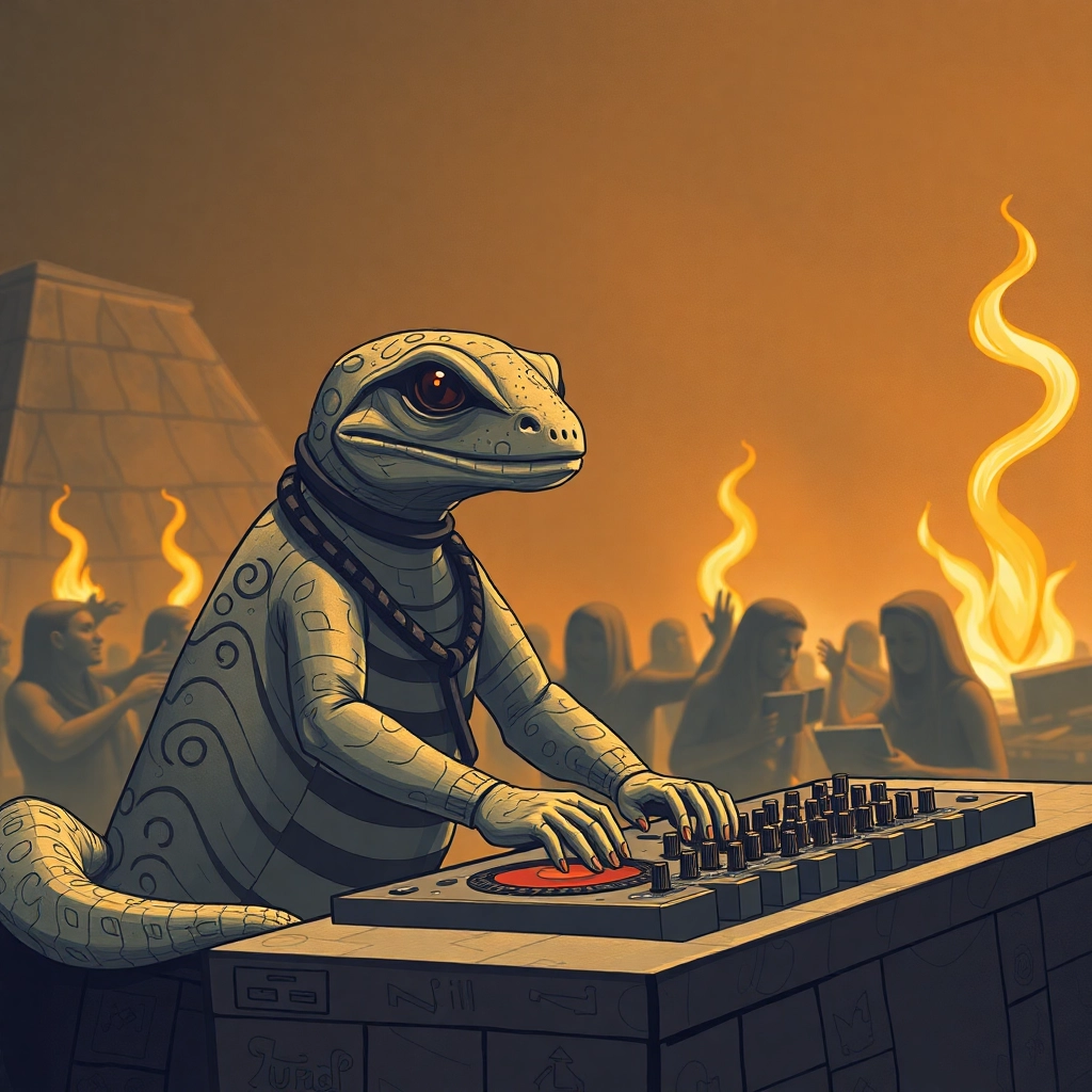 Salamander djing a block party in a Sumerian art style