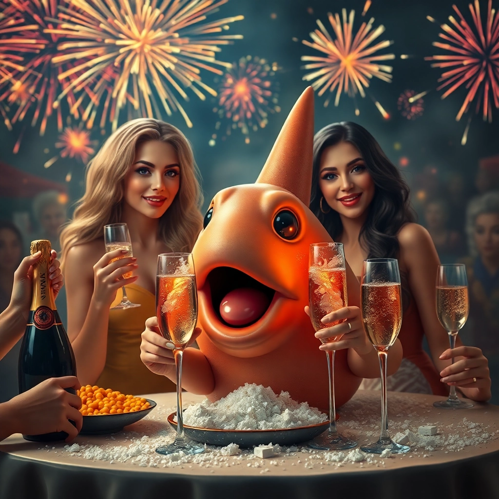 the most popular squeak ever, with ladies, caviar, fireworks, cocaine and champagne, photorealistic
